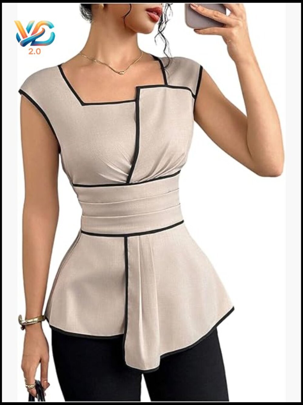 Square Neck Cap Sleeve Peplum Blouse Asymmetrical Casual Work Top